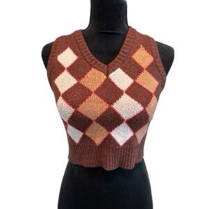 Brown Argyle Knit Crop V Neck Sweater Vest